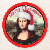 Weihnachten Mona Lisa mit Weihnachtsmannmütze Runder Pappuntersetzer (Vorderseite)