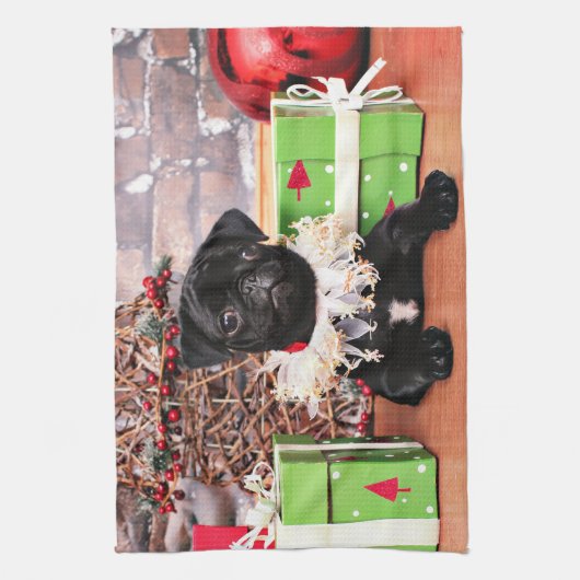 Weihnachten - Mops - Gänseblümchen Mae Geschirrtuch (Vertikal)