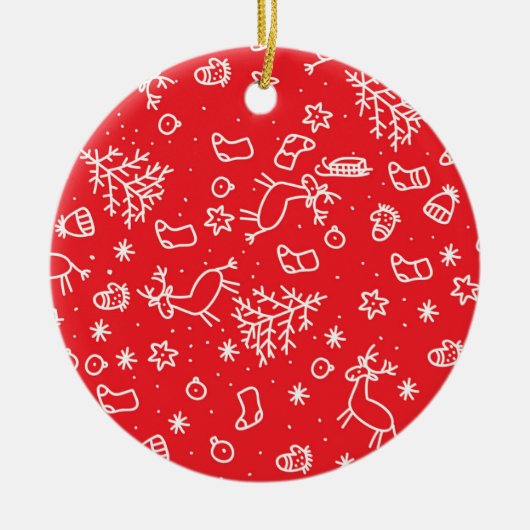 Weihnachten, Muster auf rotem Hintergrund, Doodle Keramik Ornament (Vorne)