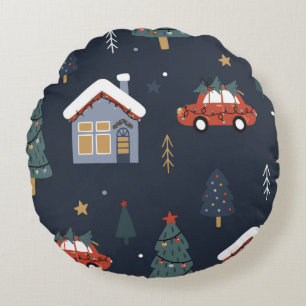 Weihnachten nahtlos mit Weihnachtsbaum, Auto Rundes Kissen