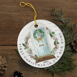 Weihnachten Neues Zuhause Aquamarin Blue Watercolo Keramik Ornament