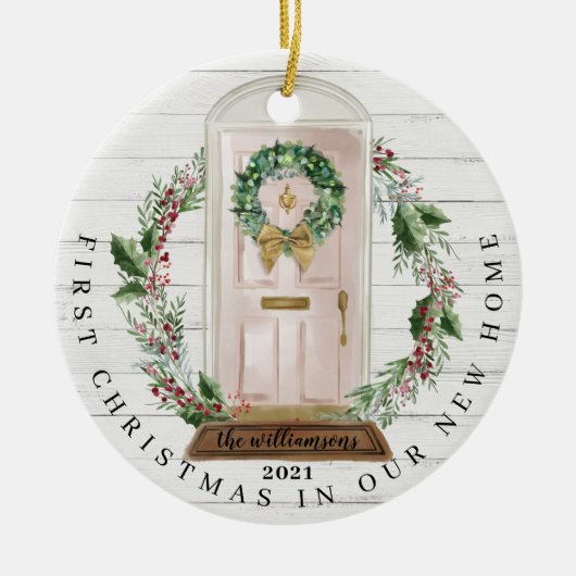 Weihnachten Neues Zuhause Rosa Aquarelltür Foto Keramik Ornament (Vorne)
