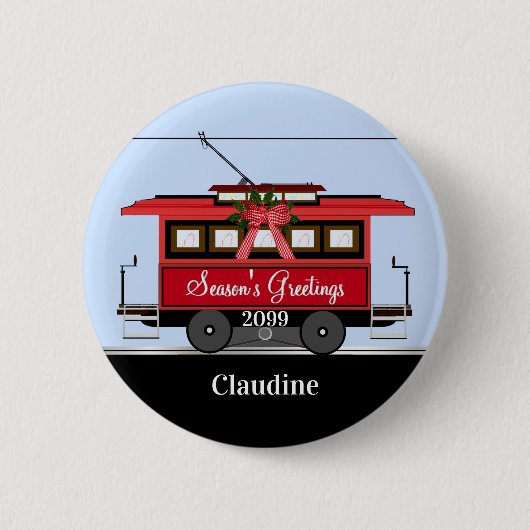 Weihnachten Neujahr Red Tram Trolley Streetcar Button (Vorderseite)