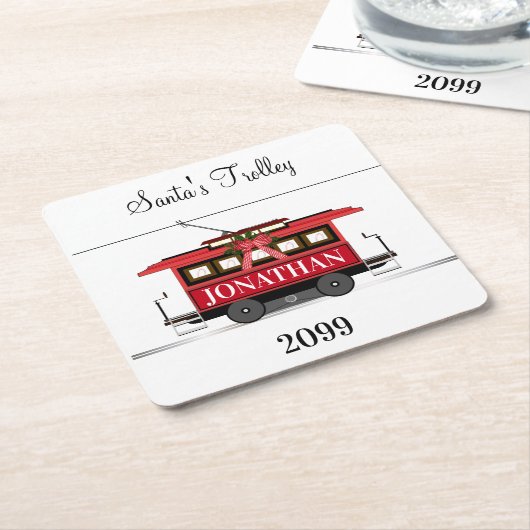Weihnachten Neujahr Red Tram Trolley Streetcar Rechteckiger Pappuntersetzer (angewinkelt)