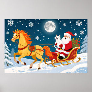 Weihnachten, Neujahr, Rotes Pferd, Santa & Weiße K Poster