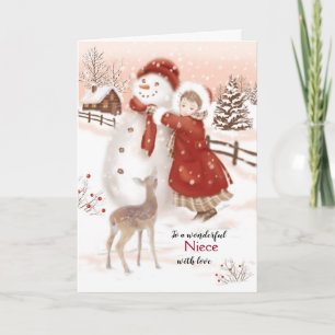 Weihnachten, Nichte, Hirsch, Mädchen und Schneeman Feiertagskarte