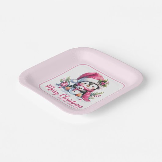 Weihnachten Niedlich Pinguin Pink Custom Frohe Wei Pappteller (Gewinkelt)