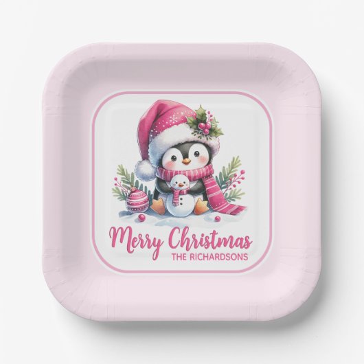 Weihnachten Niedlich Pinguin Pink Custom Frohe Wei Pappteller (Vorderseite)