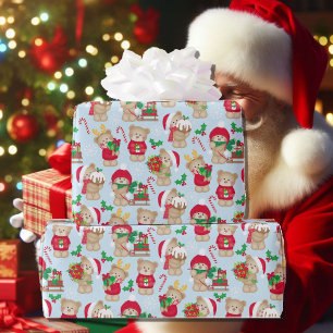 Weihnachten Niedlich Teddy Bears Holly Candy Canes Geschenkpapier