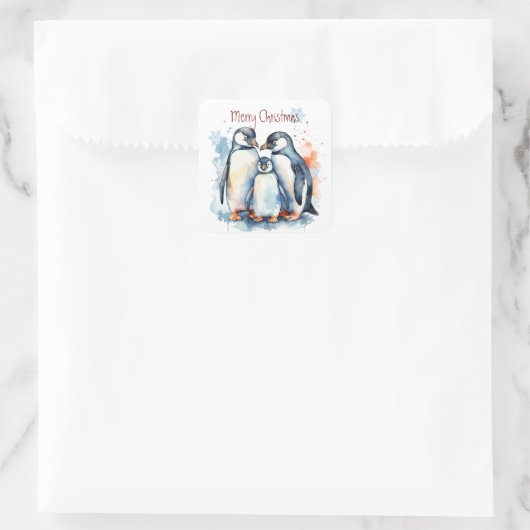 Weihnachten Niedliche Aquarellpinguine Quadratischer Aufkleber (Tasche)