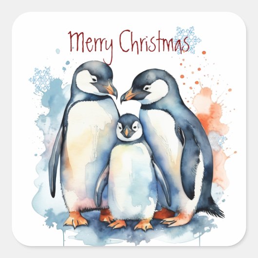 Weihnachten Niedliche Aquarellpinguine Quadratischer Aufkleber (Vorderseite)