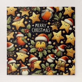 Weihnachten niedliche Robins und Goldene Sterne Puzzle