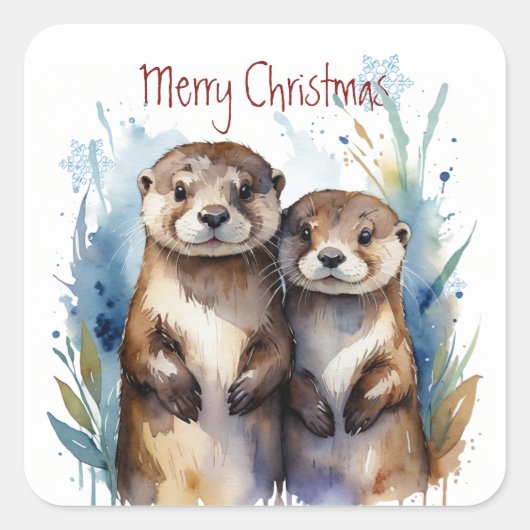 Weihnachten Niedliche Wasserfarbe Otter Paar Tiere Quadratischer Aufkleber (Vorderseite)