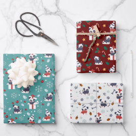 Weihnachten Niedlicher Mops Hunde festlich drei Fa Geschenkpapier Set