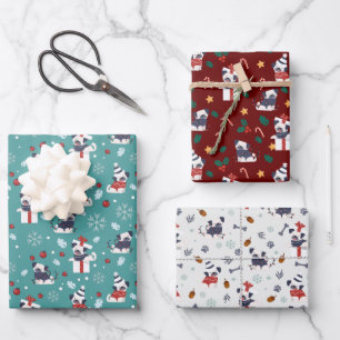 Weihnachten Niedlicher Mops Hunde festlich drei Fa Geschenkpapier Set