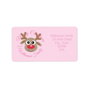 Weihnachten Niedlicher Rentier Cartoon Girly Pink Adressaufkleber