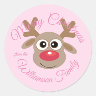 Weihnachten Niedlicher Rentier Cartoon Girly Pink Runder Aufkleber