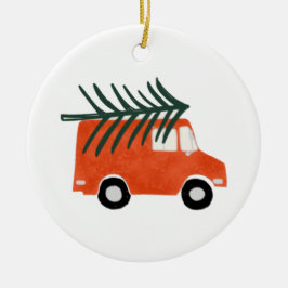 Weihnachten Niedlicher Roter Lieferwagen mit Baum Keramik Ornament
