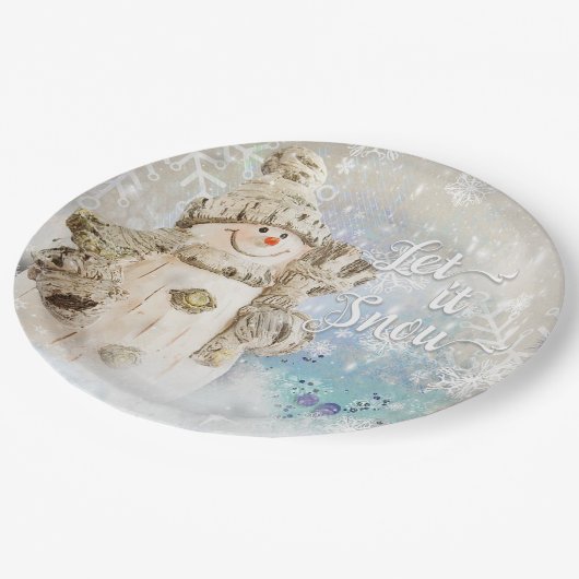 Weihnachten Niedlicher Schneemann mit Schneeflocke Pappteller (Schrägansicht)