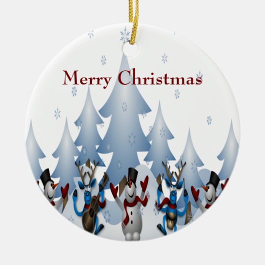 Weihnachten - Niedlicher Schneemann und Rentierban Keramik Ornament (Vorne)