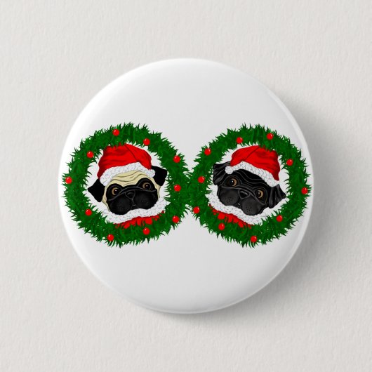 Weihnachten Niedlicher Schwarzer Mops und Fauna Mo Button (Vorderseite)