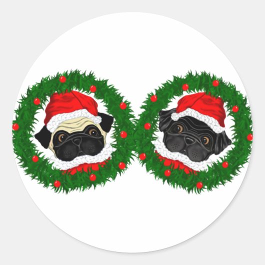 Weihnachten Niedlicher Schwarzer Mops und Fauna Mo Runder Aufkleber (Vorderseite)