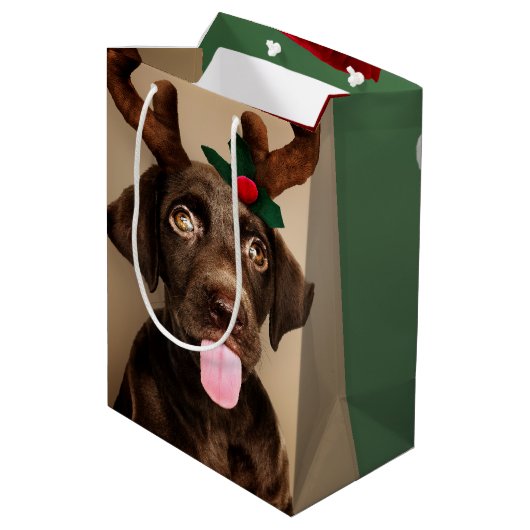 Weihnachten Niedlicher Weihnachtsmann Welpen Custo Mittlere Geschenktüte (Rückseite Schrägansicht)