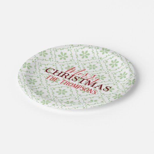 Weihnachten Niedliches, grünes Schneeflockenmuster Pappteller (Schrägansicht)