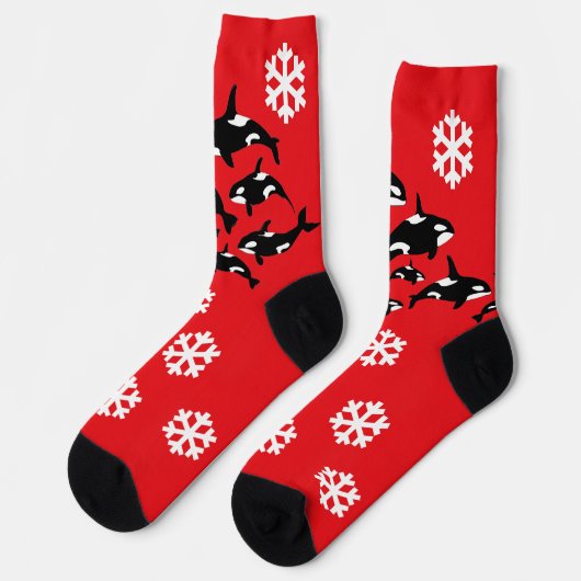 Weihnachten Orca Killer Wale und Schneeflocken Rot Socken (Linkes Detail)