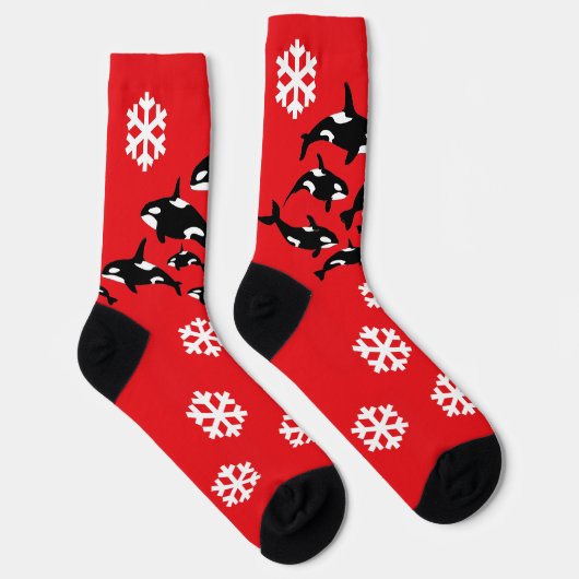 Weihnachten Orca Killer Wale und Schneeflocken Rot Socken (Rechts)