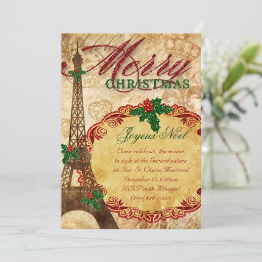 Weihnachten Paris Einladen Eiffelturm Vintag Einladung (Stehend Vorderseite)