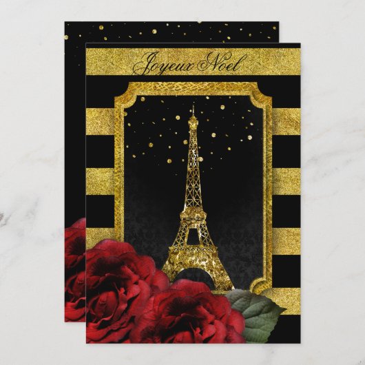 Weihnachten Paris Rose Eiffelturm Goldstreifen Einladung (Vorne/Hinten)