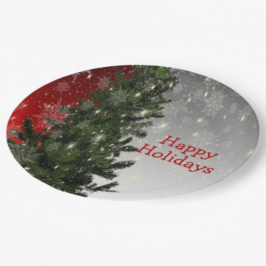 Weihnachten Party Grüne Bäume Rote Silberschneeflo Pappteller (Schrägansicht)