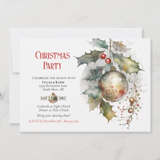 Weihnachten Party Holly Ornament Rotes Gold Einladung (Vorderseite)