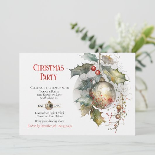 Weihnachten Party Holly Ornament Rotes Gold Einladung (Stehend Vorderseite)