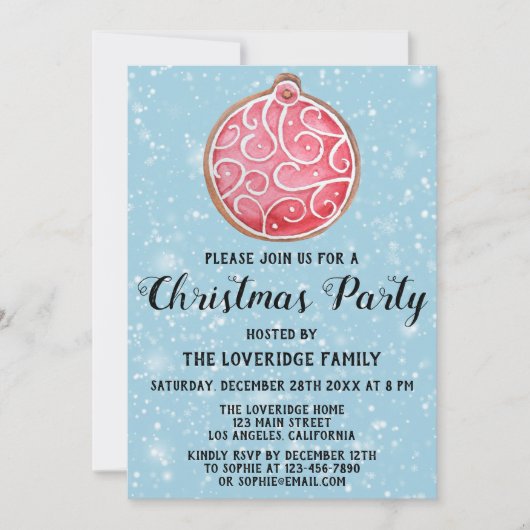 Weihnachten Party Red Ball Cookie Blue Snow Einladung (Vorderseite)