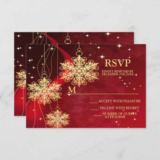 Weihnachten Party Roter Goldene Schneeflocken RSVP Karte (Vorne/Hinten)