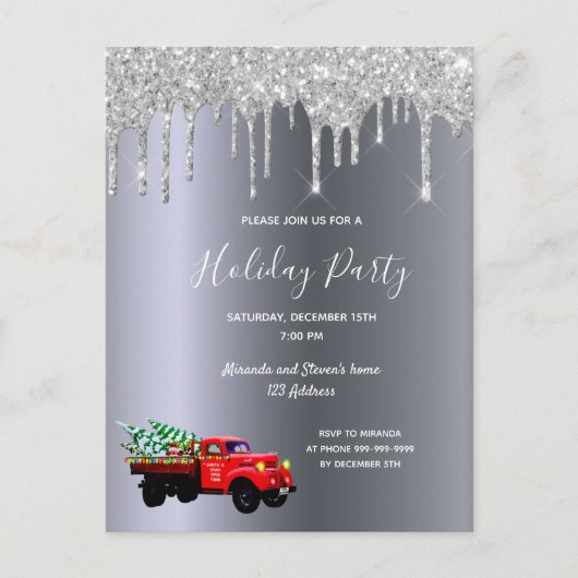 Weihnachten Party Silber Glitzer Einladung Postkarte (Vorderseite)