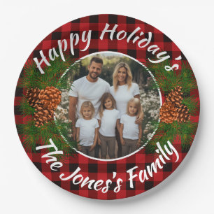 Weihnachten personalisiertes Foto rot kariert pine Pappteller