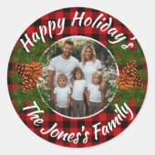 Weihnachten personalisiertes Foto rot kariert pine Runder Aufkleber (Vorderseite)