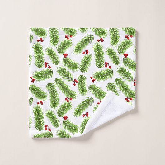 Weihnachten Pine Blätter und Berries on White Badhandtuch Set (Waschlappen)