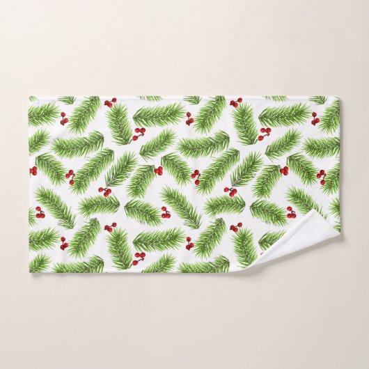 Weihnachten Pine Blätter und Berries on White Badhandtuch Set (Handtuch)