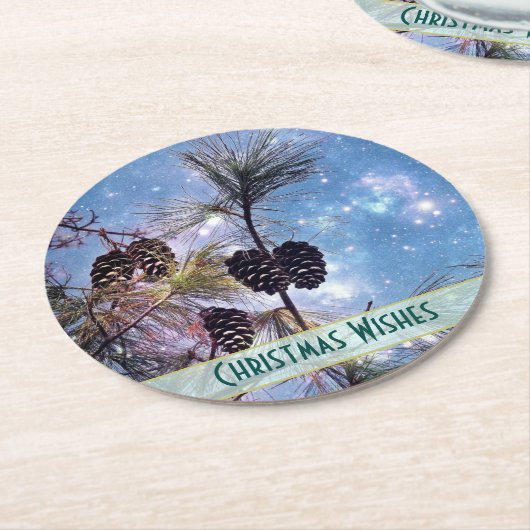 Weihnachten Pine cones unter einem Sternenhimmel Runder Pappuntersetzer (Angewinkelt)