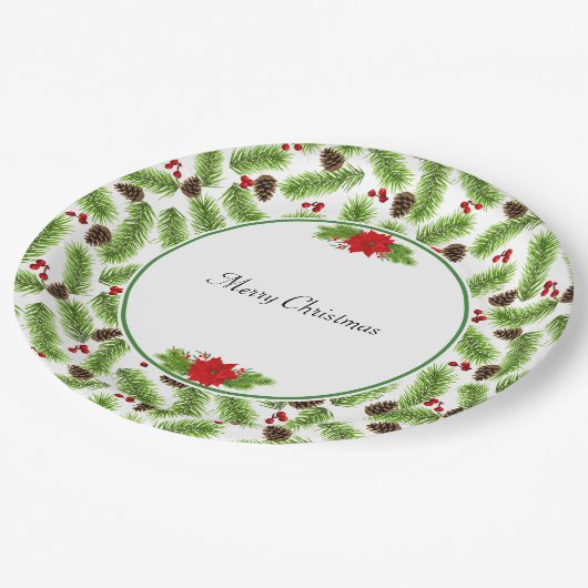 Weihnachten Pinecones & Rote Berries Pappteller (Schrägansicht)