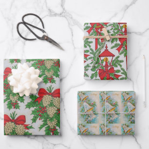 Weihnachten Pinecones Silver Bells Holly Vintag Geschenkpapier Set