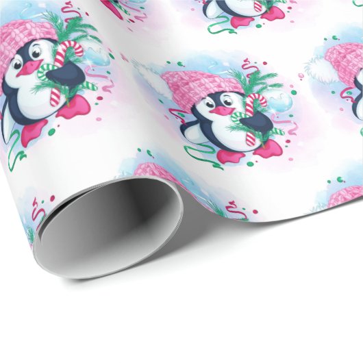 Weihnachten Pinguin Pink Hat Wasserfarbenurlaub Geschenkpapier (Rolleneckpunkt)