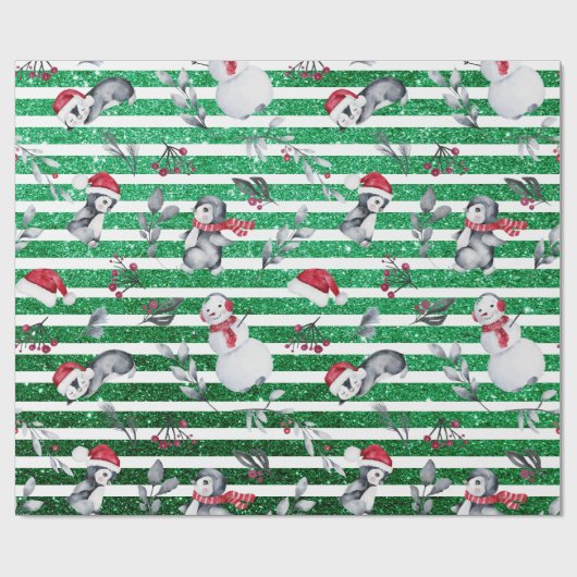 Weihnachten Pinguin Snowman Green Glitzer Streifen Geschenkpapier (Flach)