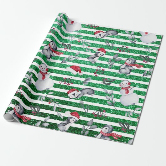 Weihnachten Pinguin Snowman Green Glitzer Streifen Geschenkpapier (Ungerollt)