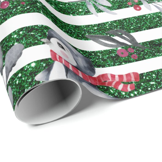 Weihnachten Pinguin Snowman Green Glitzer Streifen Geschenkpapier (Rolleneckpunkt)