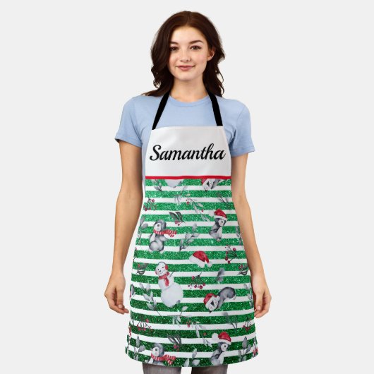 Weihnachten Pinguin Snowman Green Glitzer Streifen Schürze (Getragen)